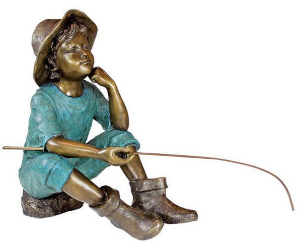 Huck Finn Boy Fishing Garden Bronze Statue Pensive Relaxed Child